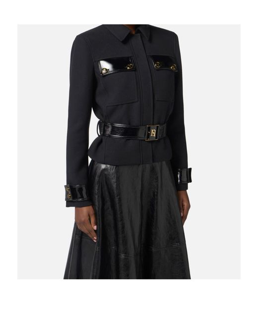 Elisabetta Franchi Blue Patent-Trimmed Belted Jacket