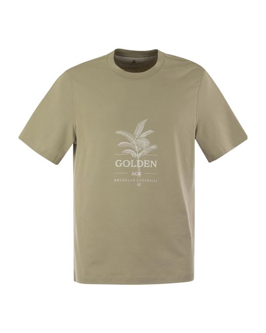Brunello Cucinelli Green Logo Printed Crewneck T-Shirt for men