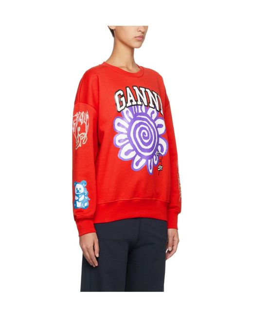 Ganni Red Floral Printed Crewneck Sweatshirt