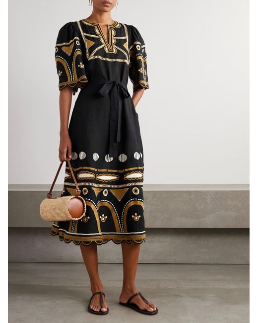 Eres Black Ornament Belted Embroidered Linen Midi Dress