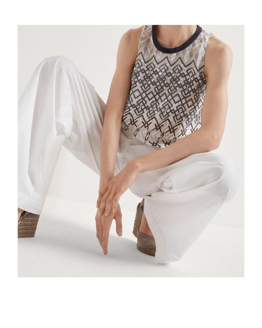 Brunello Cucinelli White Geometric-Print Silk Blouse