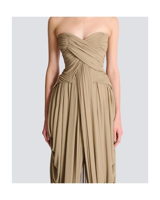 Balmain Natural Draped Strapless Jumpsuit