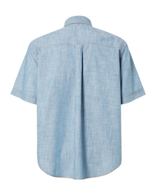 Fendi Blue Logo Patch Short Sleeved Denim Shirt for men