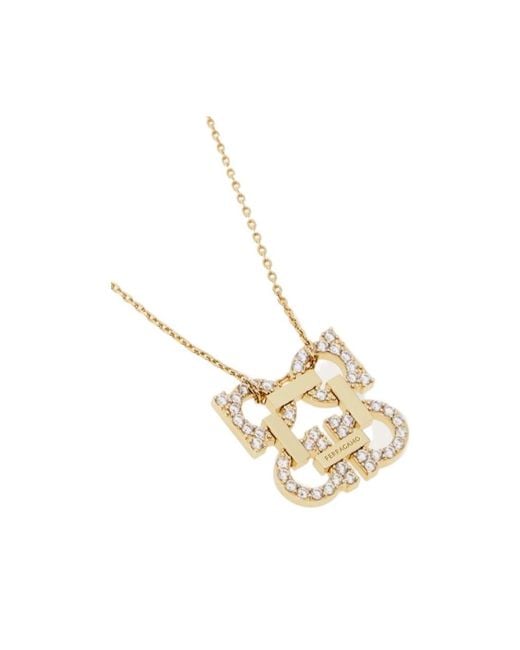 Ferragamo White Ferragamo Embellished Four Gancini Pendant Necklace