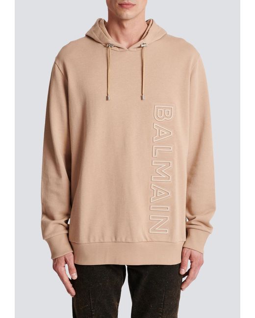 Balmain Natural Logo Embossed Drawstring Hoodie for men