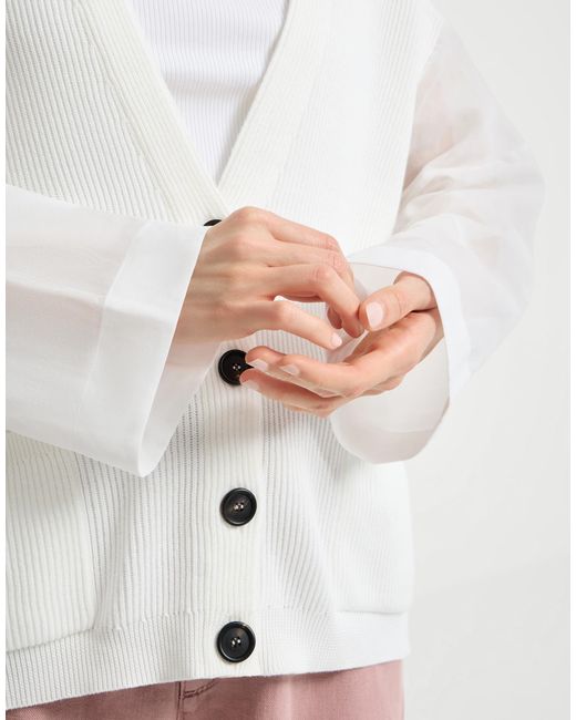 Brunello Cucinelli White Organza Sleeved Ribbed Cardigan