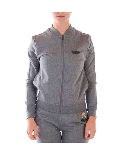 Moschino Gray Logo Printed Zipper Sweater