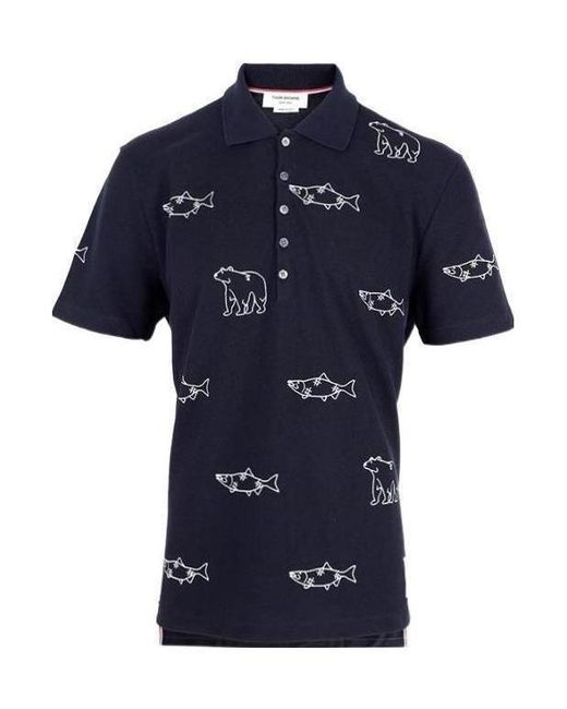 Thom Browne Blue Bear Fish Embroidered Polo Shirt for men