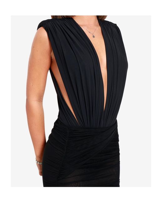 Amazuìn Black Pleated V-Neck Bodysuit