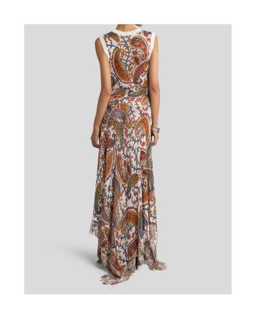 Etro White Floral Paisley Printed Fringed Knitted Long Dress