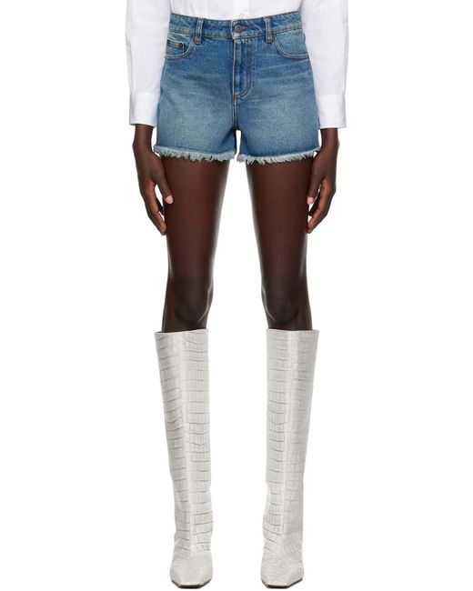 AMI Blue Mid-Rise Frayed Denim Mini Shorts