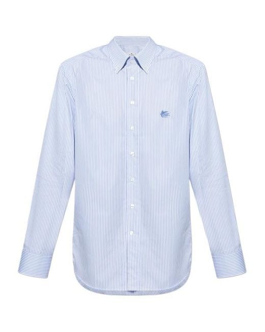 Etro Blue Logo Embroidered Striped Shirt for men
