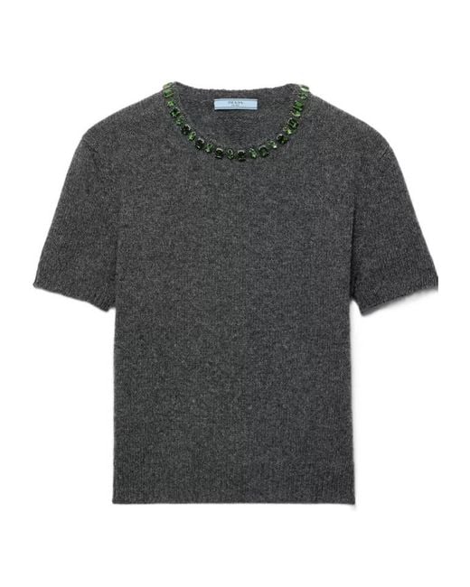 Prada Gray Embellished Short-Sleeved Jumper