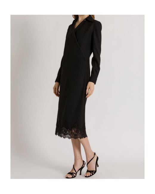 Alberta Ferretti Black Crepe Midi Dress With Collar And Lace Trim