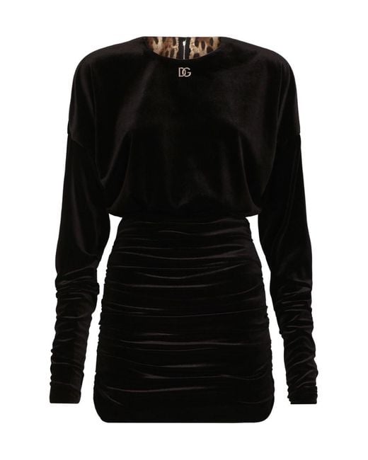 Dolce & Gabbana Black Logo-Plaque Ruched Mini Dress