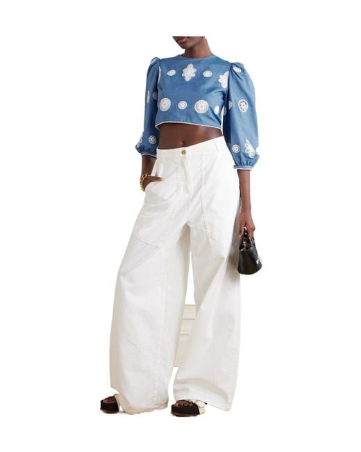 Borgo De Nor Blue Crochet Lace-Trimmed Denim Top