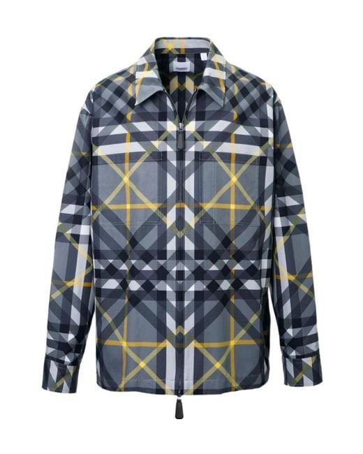 Burberry Blue Geometric-Pattern Printed Zipped Shirt for men
