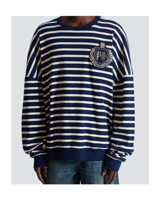 Balmain Blue Cotton College Emblem Sweatshirt With Breton Stripes for men