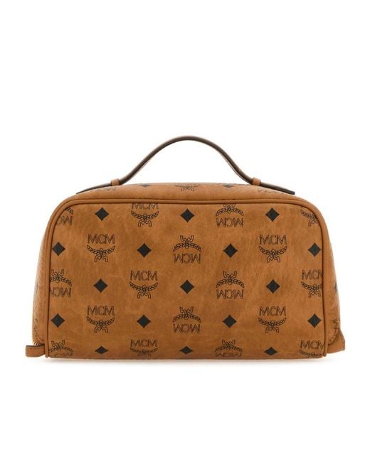 MCM Brown Ottomar Logo Printed Medium Wash Bag