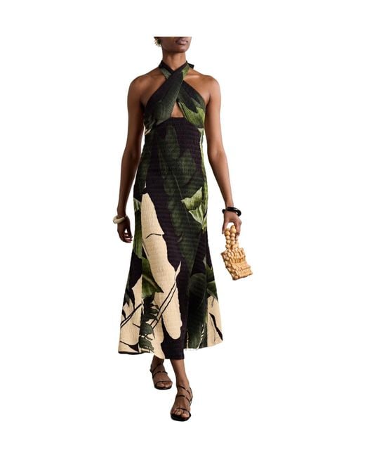 Johanna Ortiz Black Printed Plissé-Satin Halterneck Midi Dress