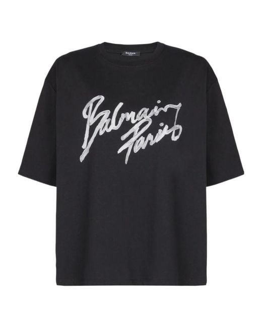 Balmain Black Logo Brush Print Boxy T-Shirt