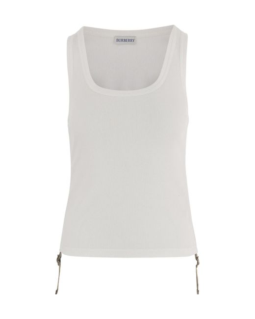 Burberry White Checked-Strap Ruched Ribbed Tank Top