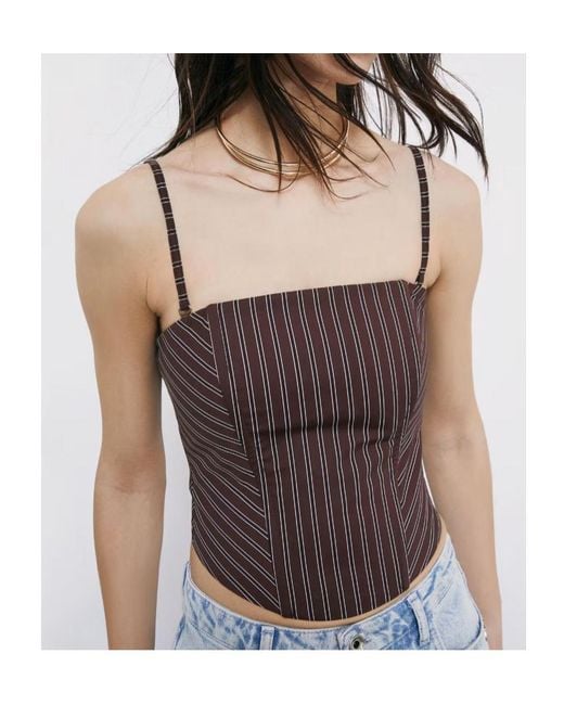 Patrizia Pepe Brown Shirred Pinstripe Bustier Top