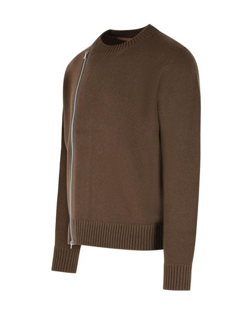 Sacai Brown Asymmetric Zip Knitted Sweater for men