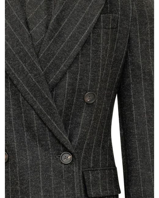 Brunello Cucinelli Black Double-Breasted Pinstripe Blazer