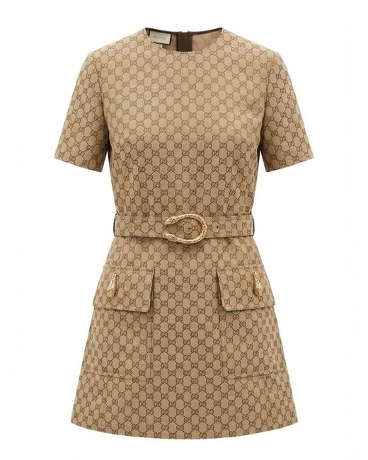 Gucci Natural Gg Cotton Canvas Fabric Dress