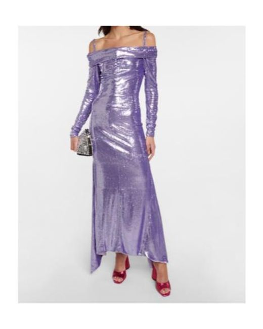 The Attico Purple Fanny Sequined Off-Shoulder Gown