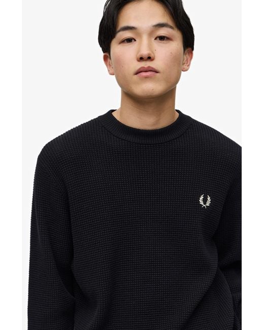 Fred Perry Black Waffle-Knit Crewneck Jumper for men