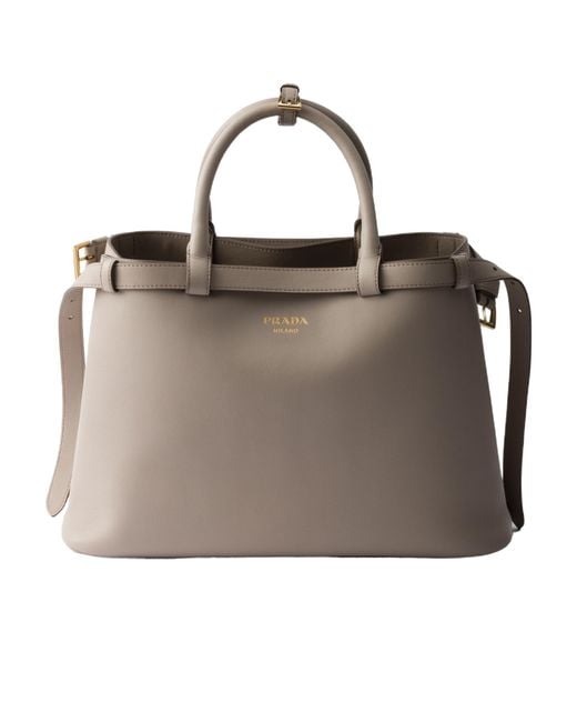 Prada Brown Buckle Medium Leather Handbag With Double Belt