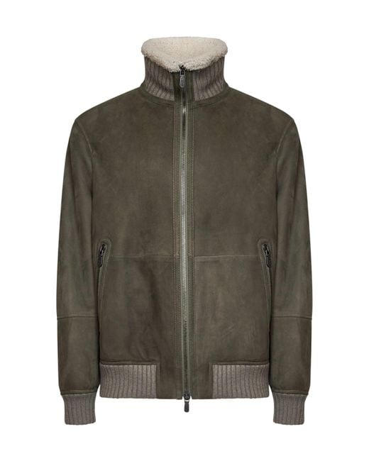 Brunello Cucinelli Green Shearling Collar Zip Jacket for men