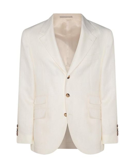 Brunello Cucinelli White Linen-Wool-Silk Single-Breasted Blazer for men