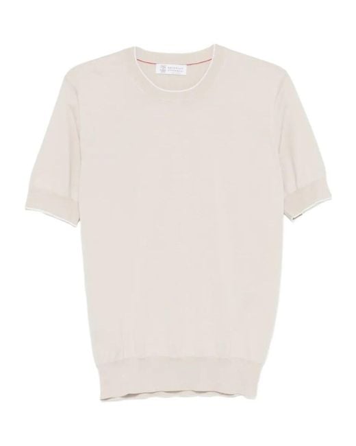 Brunello Cucinelli Pink Short Sleeved Ribbed Jumper for men