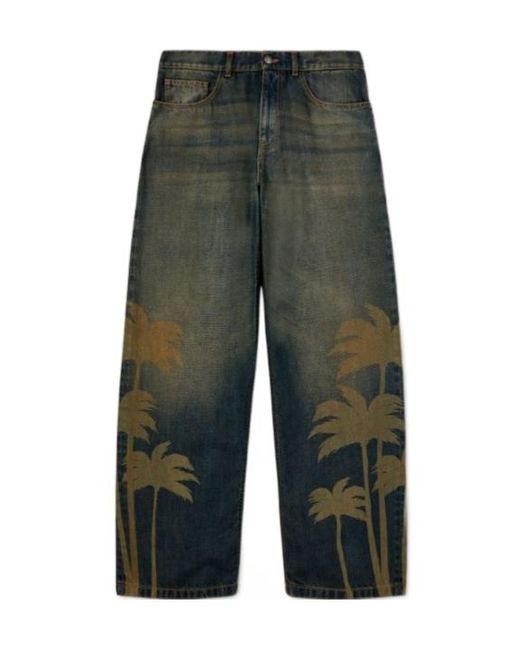 Palm Angels Green Laser Palm Wide Leg Jeans for men