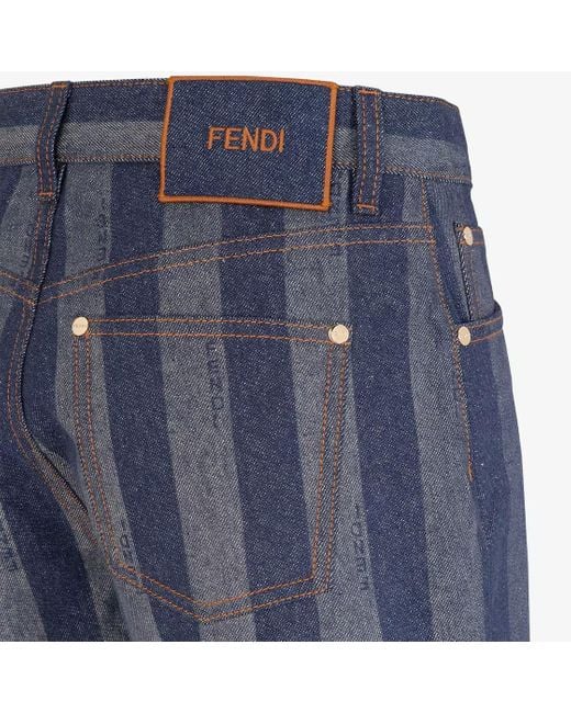 Fendi Blue Logo Embroidered Striped Denim Shorts