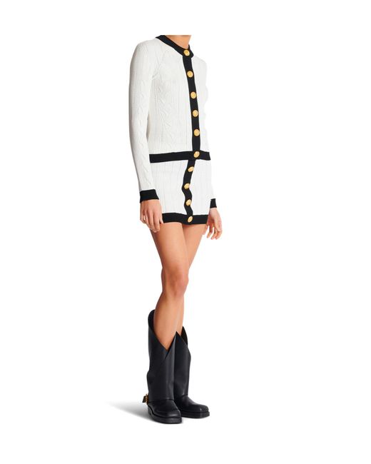 Balmain White Contrast-Trim Cable-Knit Cardigan