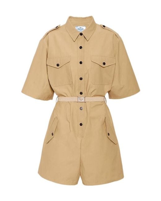 Prada Natural Short-Sleeved Belted Jumpsuit