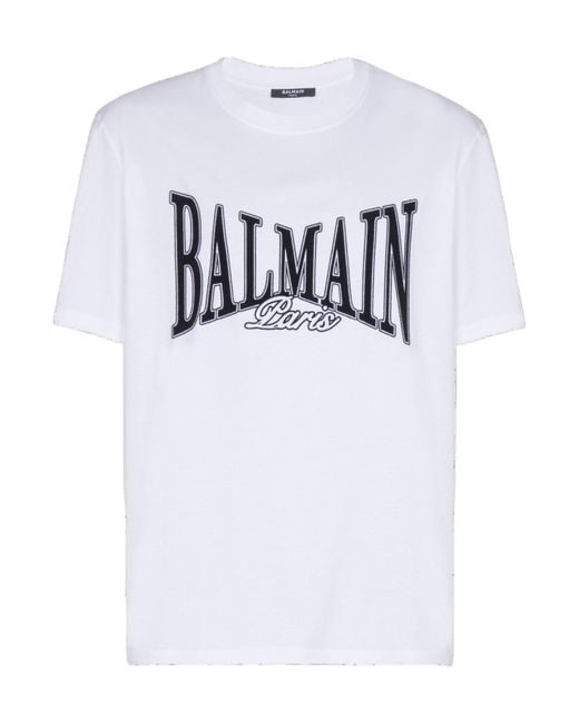 Balmain White Short-Sleeved T-Shirt With Flocked College Print for men
