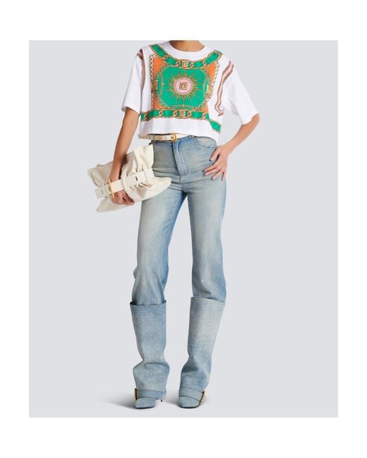 Balmain White Foulard Printed Cropped T-Shirt