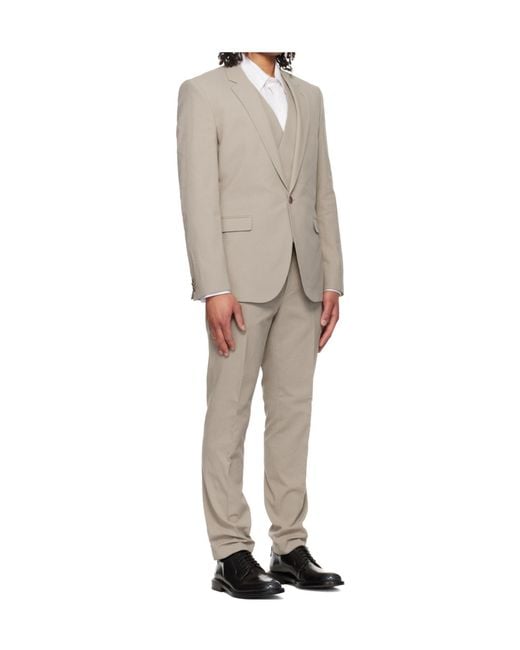 Boss Gray Taupe Three-Piece Extra-Slim-Fit Stretch-Cotton Seersucker Suit for men