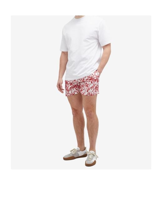 Palm Angels Red Graffiti Printed Drawstring Swim Shorts for men