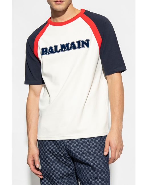 Balmain Blue Flocked Logo Crewneck T-Shirt for men
