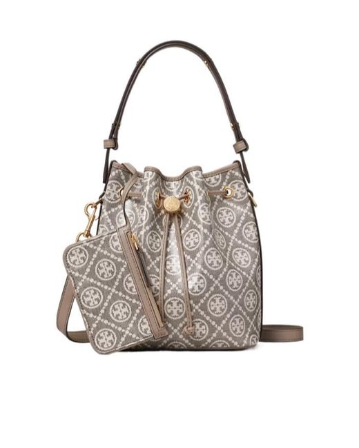 Tory Burch Gray Logo-Jacquard Bucket Bag