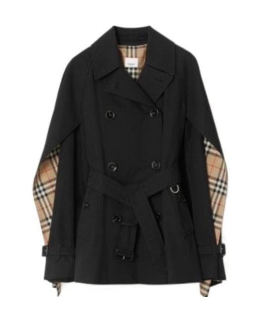 Burberry Black Cape-Sleeve Cropped Belted Trench Coat