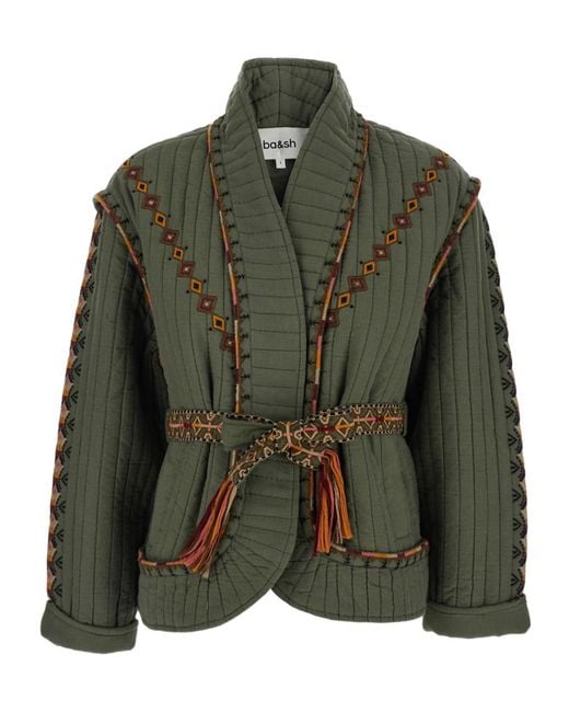 Ba&sh Green Cocoon Embroidered Quilted Jacket