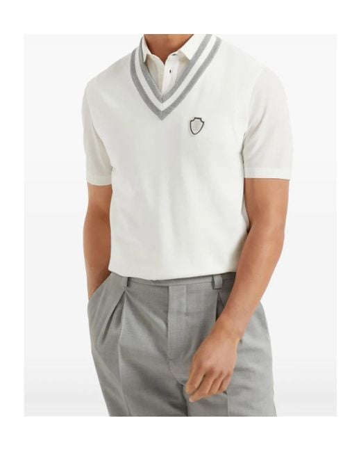 Brunello Cucinelli White V-Neck Logo Embroidered Vest for men
