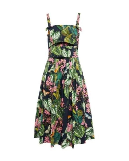 Oscar de la Renta Green Printed Cotton-Blend Poplin Midi Dress